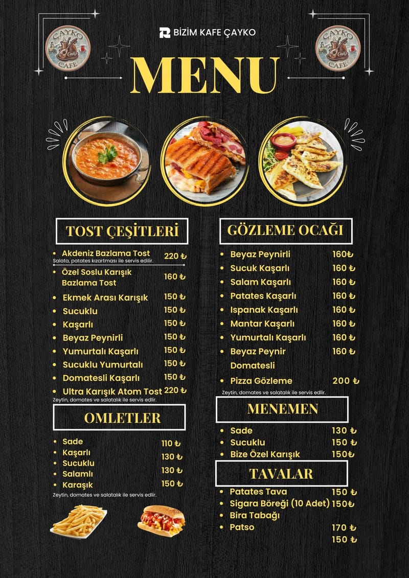 Bizim Kafe Çayko Yiyecek Menüsü